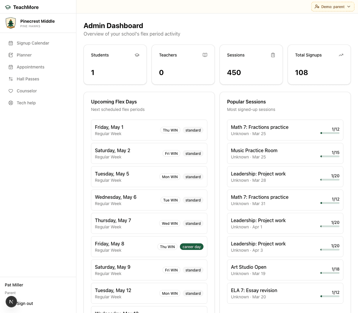EduSched parent magic-link view showing Pat Miller's read-only access to Pinecrest Middle flex schedule — upcoming flex days and popular sessions — with no login required