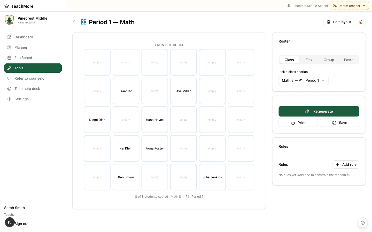 EduSched seating chart builder showing a 5x6 grid layout with students placed in seats, with Regenerate, Print, and Save controls