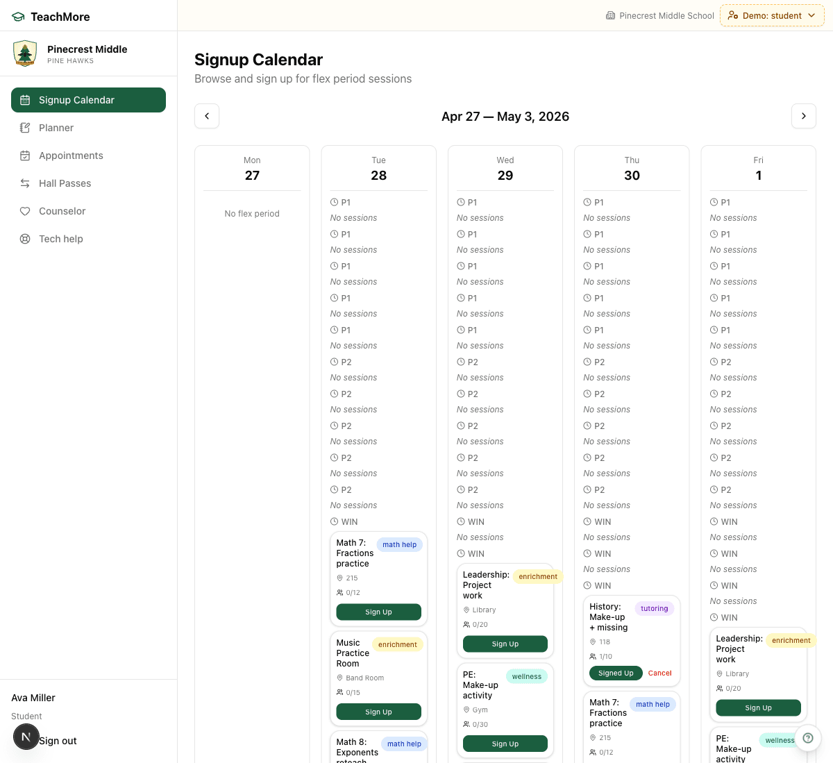 EduSched student signup calendar showing the week with categorized flex sessions — math help, enrichment, tutoring — each with room, capacity, and a one-tap Sign Up button