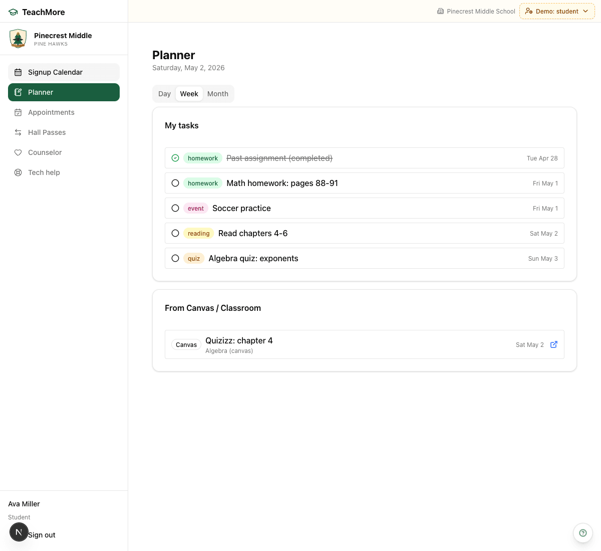 EduSched student planner for Ava Miller showing week view with My Tasks list — completed homework, Math homework pages 88-91, Soccer practice event, Read chapters 4-6, and Algebra quiz — plus a Canvas assignment from Quizizz chapter 4 imported automatically