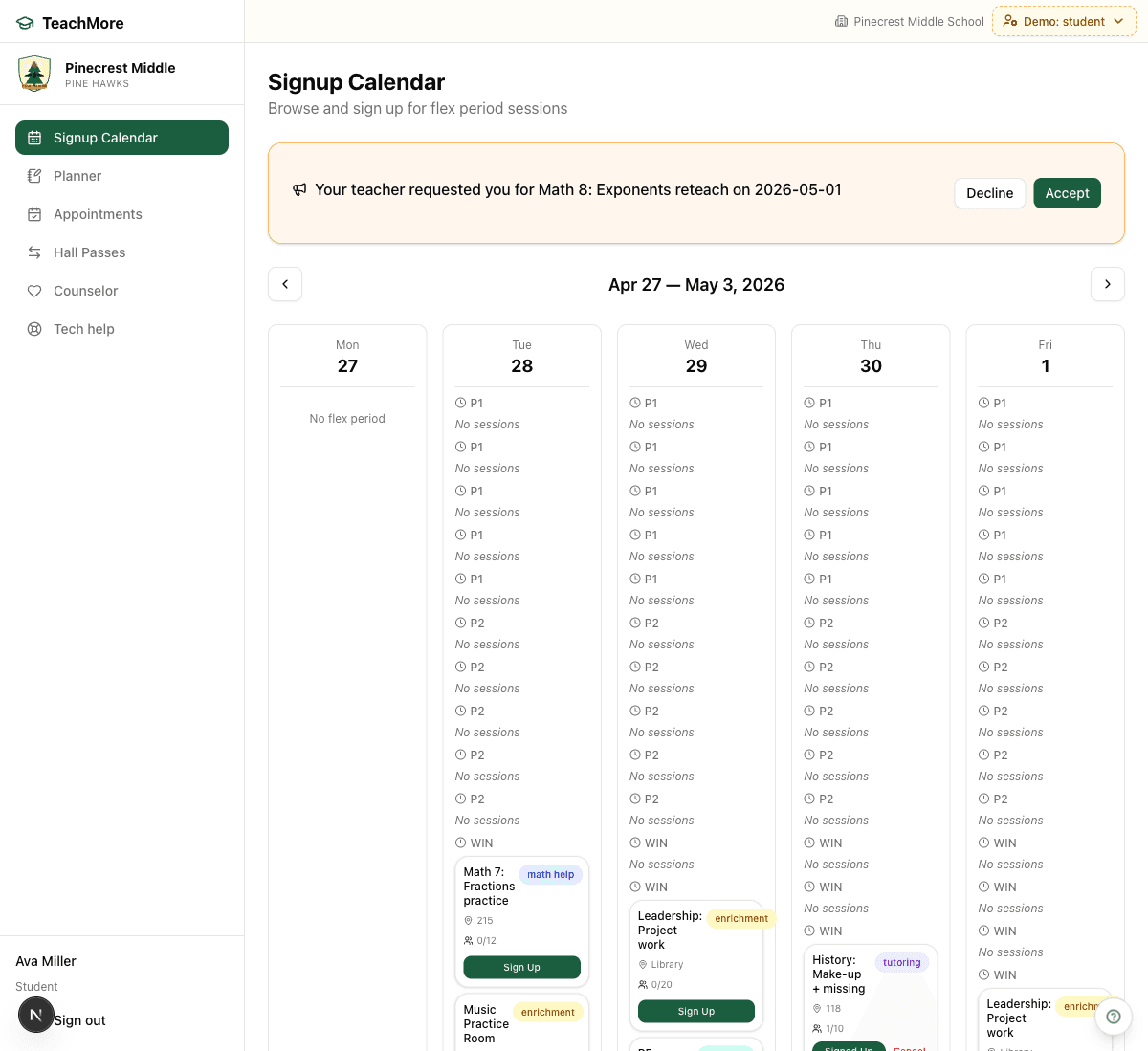 EduSched student signup calendar for the week of Apr 27 – May 3 showing categorized flex sessions including Math 7 Fractions practice, Music Practice Room enrichment, Leadership Project work, and History Make-up tutoring, each with capacity meters and Sign Up buttons