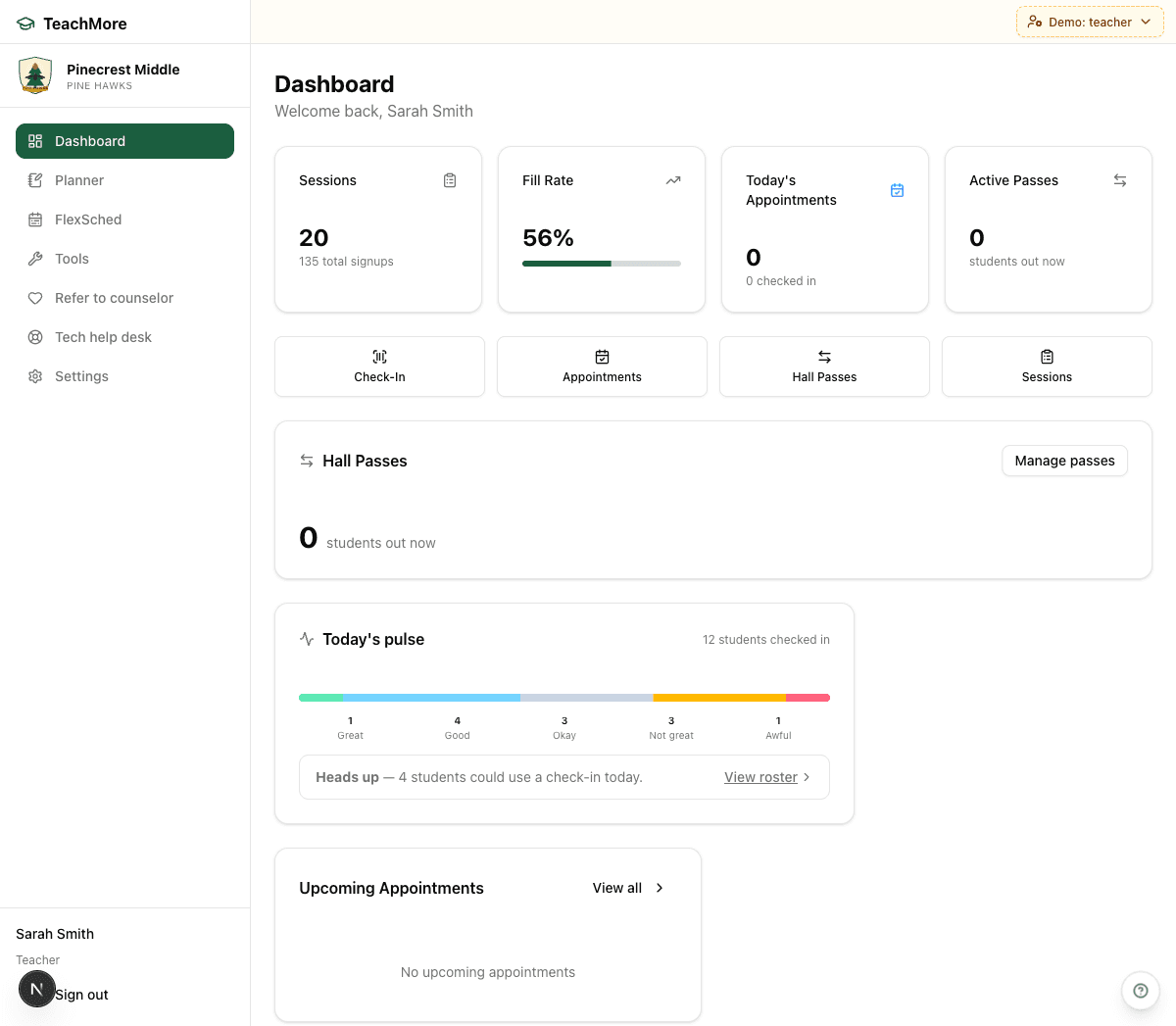 EduSched teacher dashboard for Sarah Smith showing sessions count, fill rate at 56%, today's pulse mood check with student breakdown, hall passes, and upcoming appointments